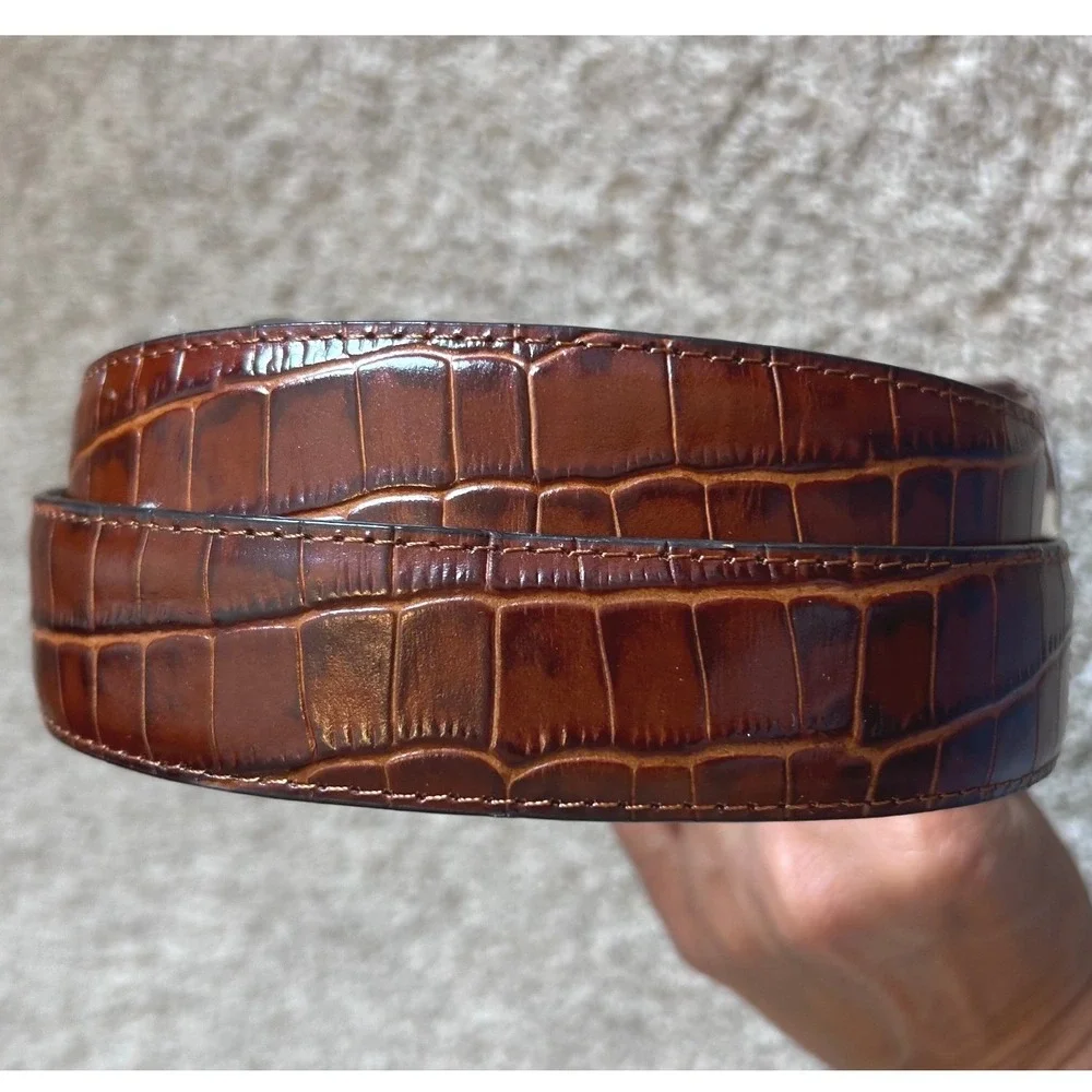 PGA Golf Brown Crocodile Embossed Leather Belt Silver Buckle 38